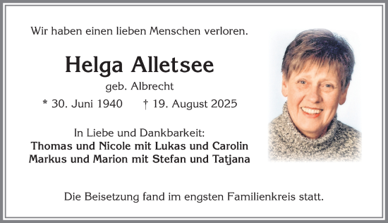 Traueranzeige von Helga Alletsee von Allgäuer Zeitung,Kempten