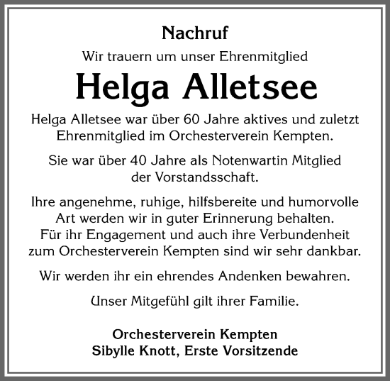 Traueranzeige von Helga Alletsee von Allgäuer Zeitung,Kempten