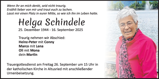 Traueranzeige von Helga Schindele von Allgäuer Zeitung,Kempten