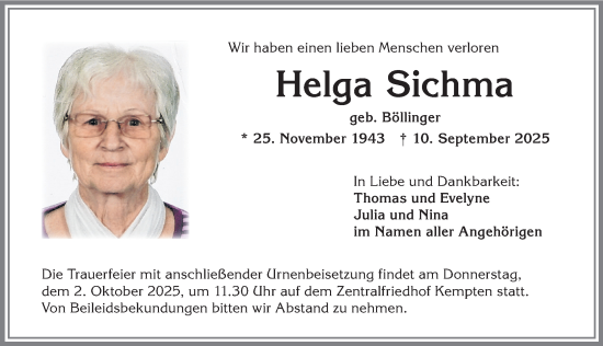Traueranzeige von Helga Sichma von Allgäuer Zeitung,Kempten