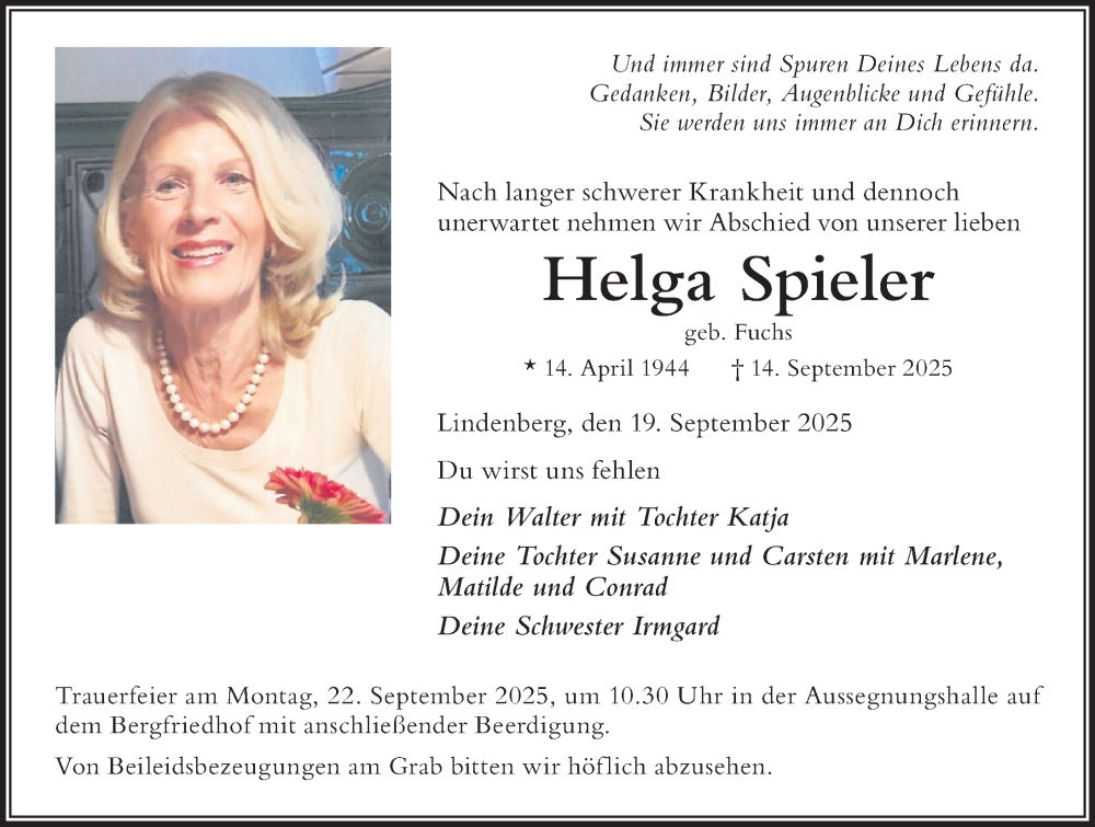  Traueranzeige für Helga Spieler vom 19.09.2025 aus Der Westallgäuer