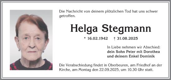 Traueranzeige von Helga Stegmann von Allgäuer Zeitung, Kaufbeuren/Buchloe