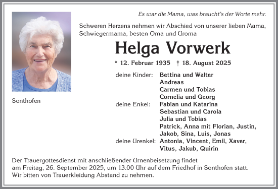Traueranzeige von Helga Vorwerk von Allgäuer Anzeigeblatt