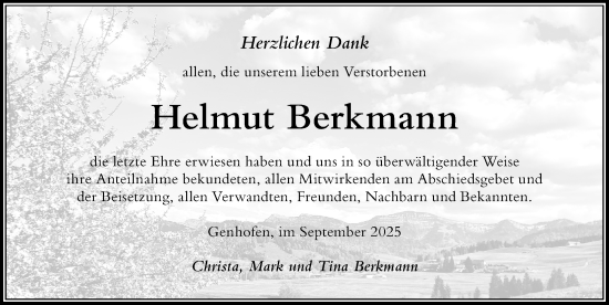 Traueranzeige von Helmut Berkmann von Der Westallgäuer