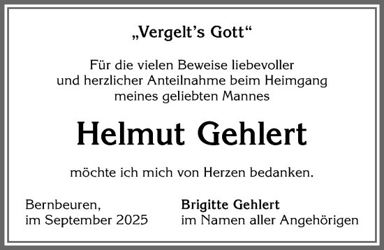Traueranzeige von Helmut Gehlert von Allgäuer Zeitung, Marktoberdorf