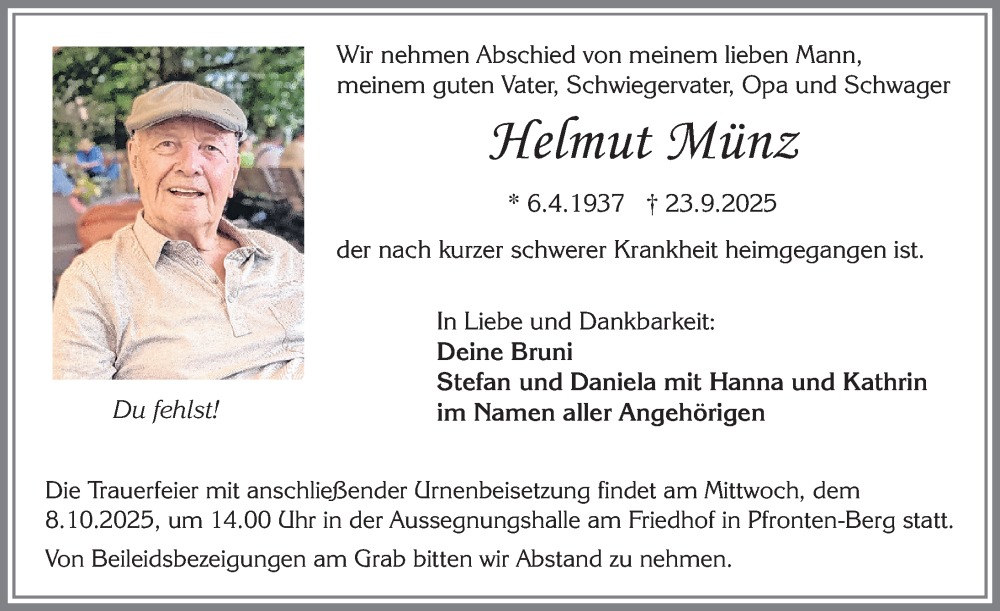  Traueranzeige für Helmut Münz vom 27.09.2025 aus Allgäuer Zeitung, Füssen