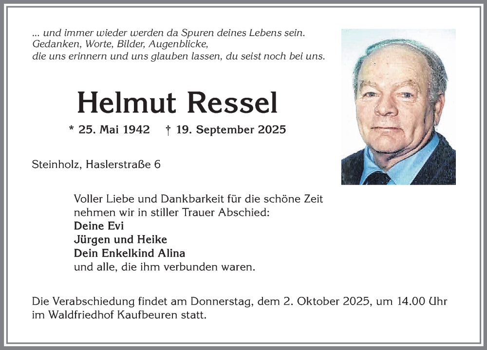  Traueranzeige für Helmut Ressel vom 27.09.2025 aus Allgäuer Zeitung, Kaufbeuren/Buchloe