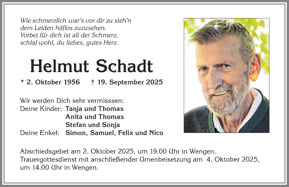  Traueranzeige für Helmut Schadt vom 27.09.2025 aus Allgäuer Zeitung,Kempten