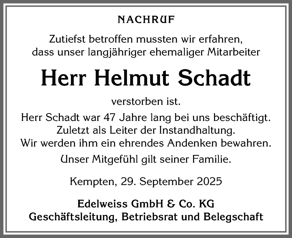  Traueranzeige für Helmut Schadt vom 30.09.2025 aus Allgäuer Zeitung,Kempten