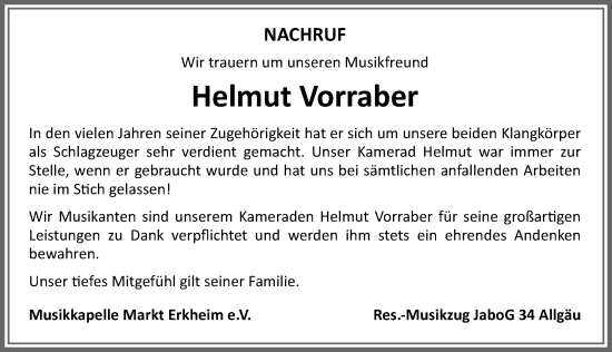 Traueranzeige von Helmut Vorraber von Memminger Zeitung