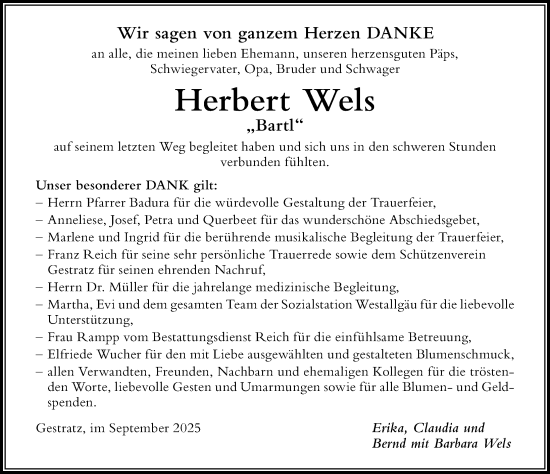 Traueranzeige von Herbert Wels von Der Westallgäuer