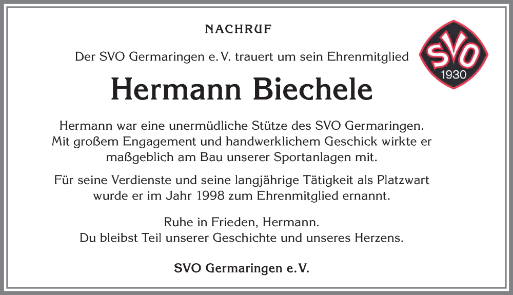  Traueranzeige für Hermann Biechele vom 06.09.2025 aus Allgäuer Zeitung, Kaufbeuren/Buchloe
