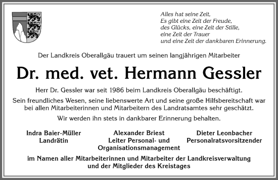Traueranzeige von Hermann Gessler von Allgäuer Anzeigeblatt