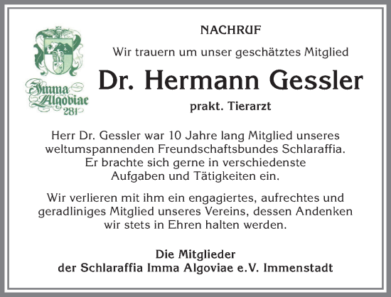 Traueranzeige von Hermann Gessler von Allgäuer Anzeigeblatt
