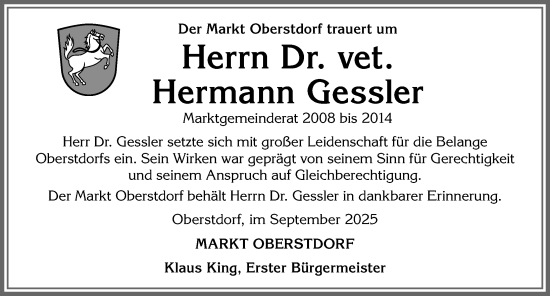 Traueranzeige von Hermann Gessler von Allgäuer Anzeigeblatt