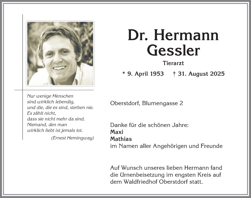  Traueranzeige für Hermann Gessler vom 18.09.2025 aus Allgäuer Anzeigeblatt