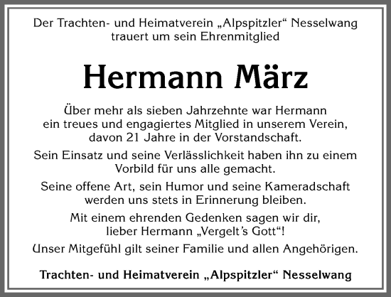 Traueranzeige von Hermann März von Allgäuer Zeitung, Füssen