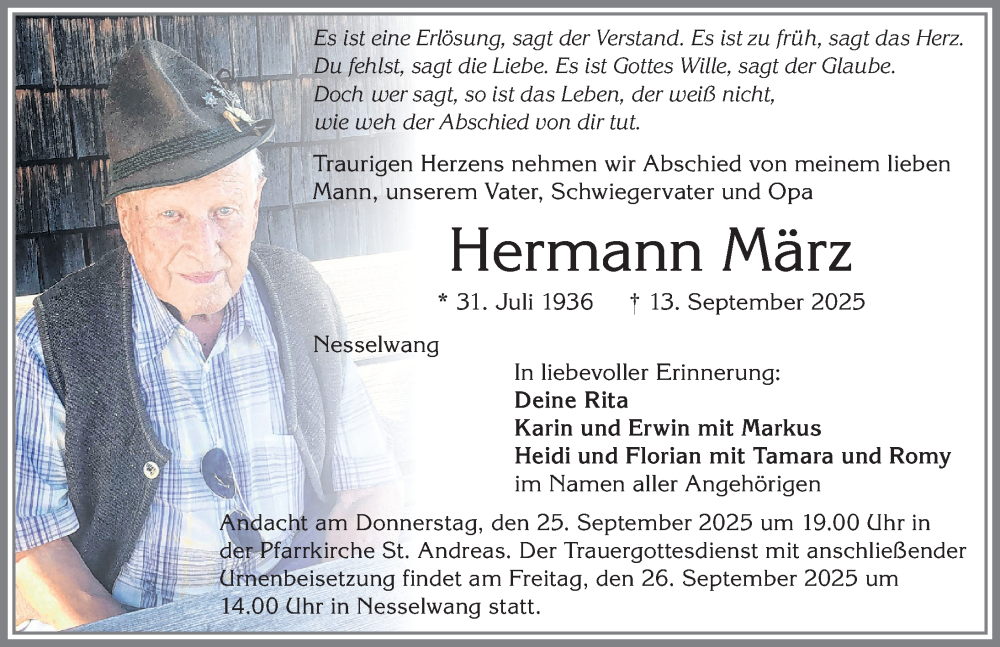 Traueranzeige für Hermann März vom 20.09.2025 aus Allgäuer Zeitung, Füssen