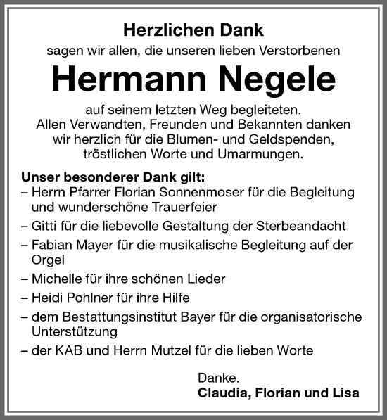 Traueranzeige von Hermann Negele von Memminger Zeitung