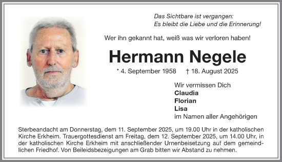 Traueranzeige von Hermann Negele von Memminger Zeitung