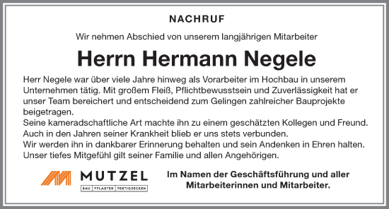 Traueranzeige von Hermann Negele von Memminger Zeitung