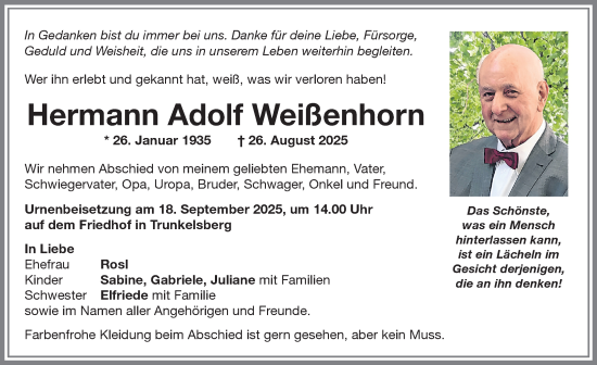 Traueranzeige von Hermann Adolf Weißenhorn von Memminger Zeitung