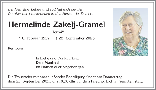 Traueranzeige von Hermelinde Zakelj-Gramel von Allgäuer Zeitung,Kempten