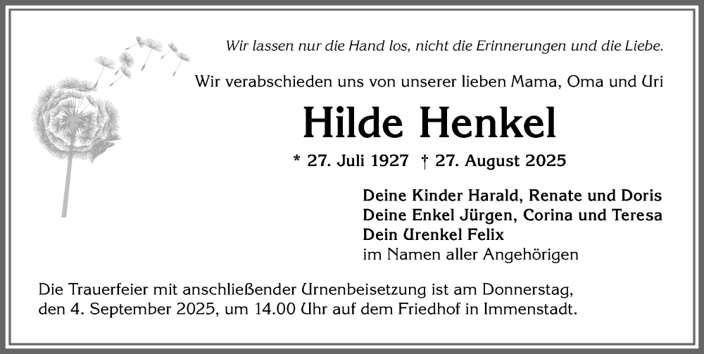  Traueranzeige für Hilde Henkel vom 03.09.2025 aus Allgäuer Anzeigeblatt