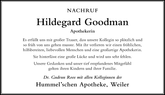 Traueranzeige von Hildegard Goodman von Der Westallgäuer