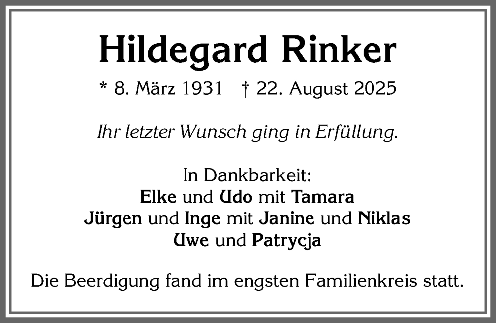  Traueranzeige für Hildegard Rinker vom 06.09.2025 aus Allgäuer Zeitung,Kempten