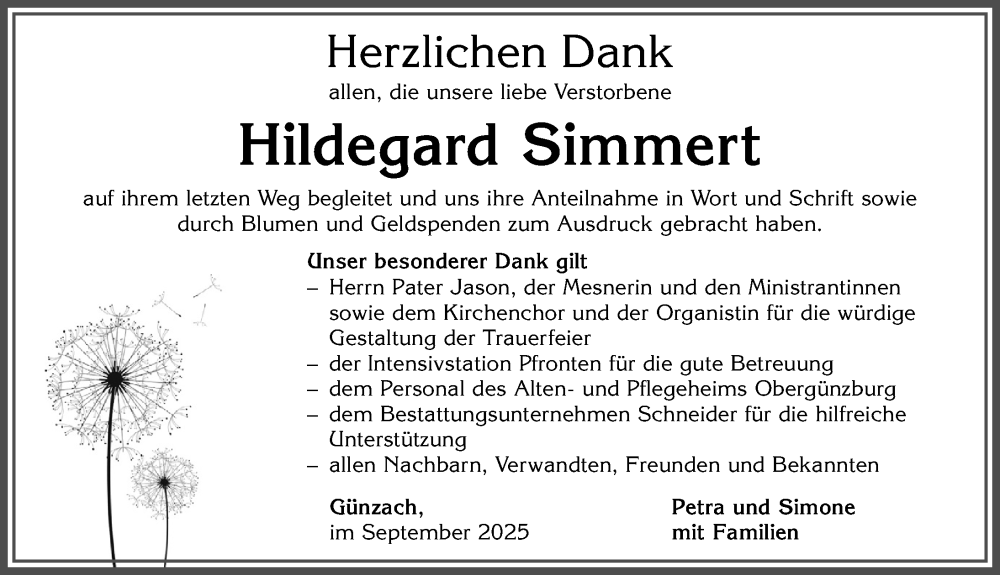  Traueranzeige für Hildegard Simmert vom 13.09.2025 aus Allgäuer Zeitung, Marktoberdorf