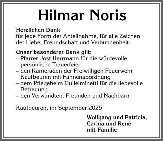 Traueranzeige von Hilmar Noris von Allgäuer Zeitung, Kaufbeuren/Buchloe