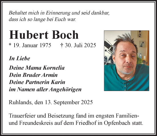 Traueranzeige von Hubert Boch von Der Westallgäuer