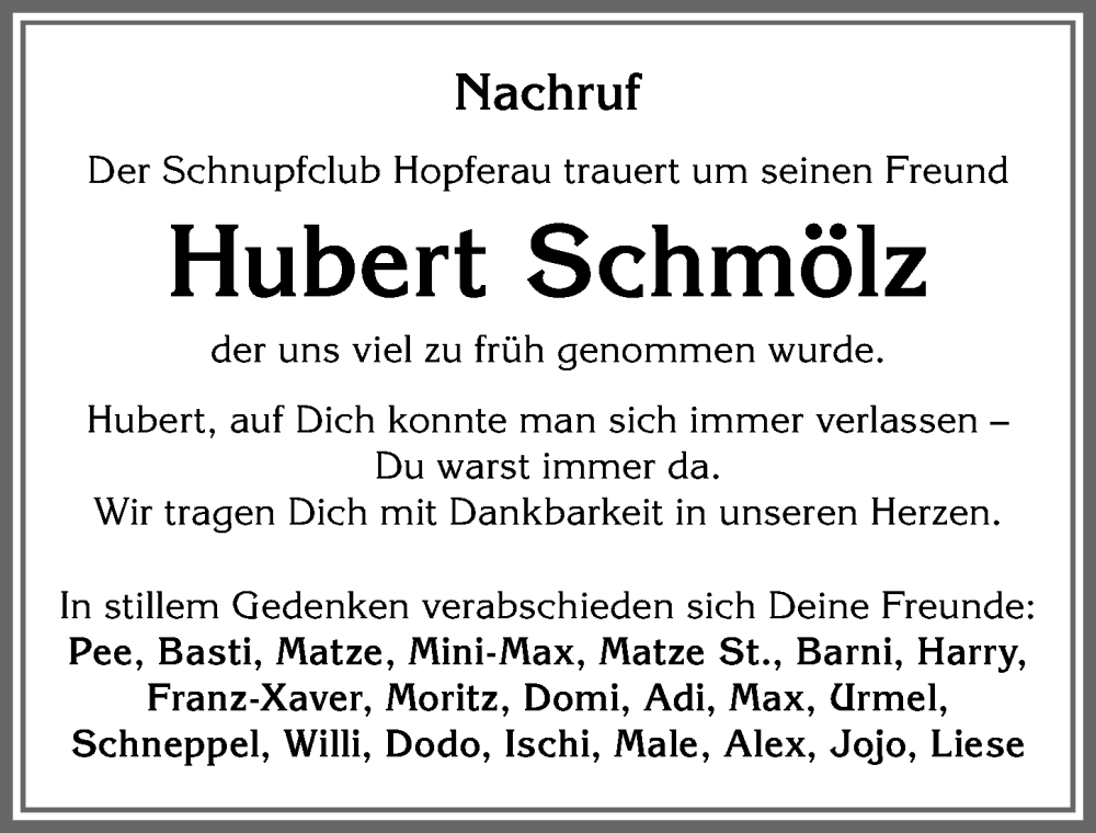  Traueranzeige für Hubert Schmölz vom 04.09.2025 aus Allgäuer Zeitung, Füssen