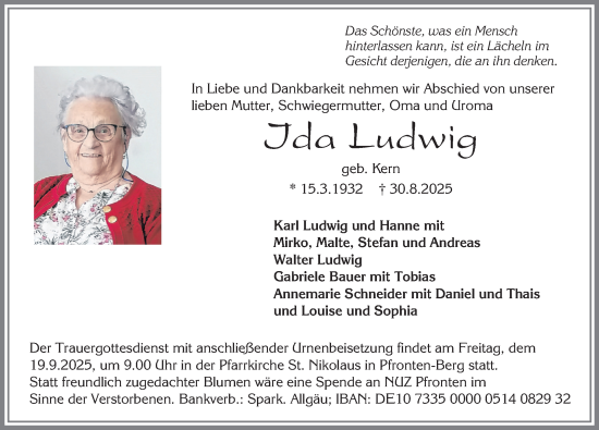 Traueranzeige von Ida Ludwig von Allgäuer Zeitung, Füssen