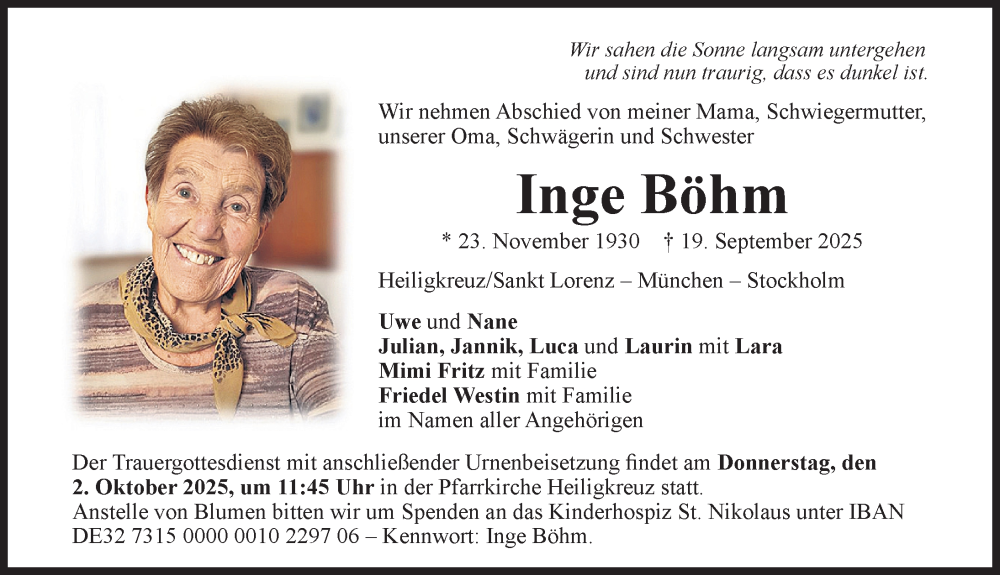  Traueranzeige für Inge Böhm vom 27.09.2025 aus Allgäuer Zeitung,Kempten
