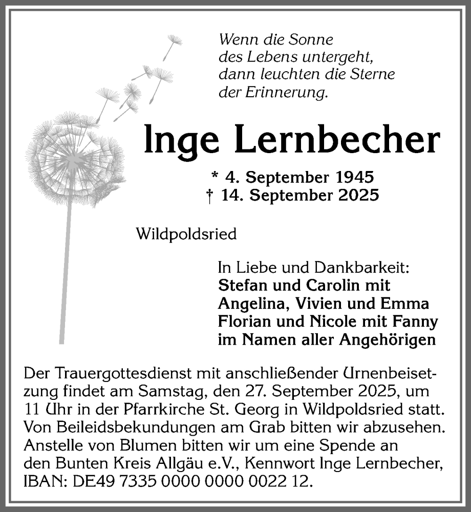  Traueranzeige für Inge Lernbecher vom 20.09.2025 aus Allgäuer Zeitung,Kempten