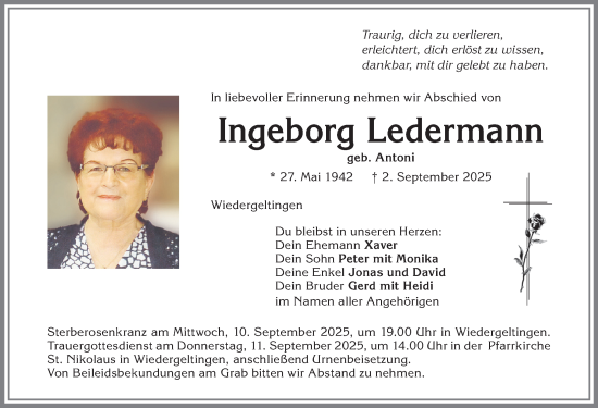 Traueranzeige von Ingeborg Ledermann von Mindelheimer Zeitung, Augsburger Allgemeine