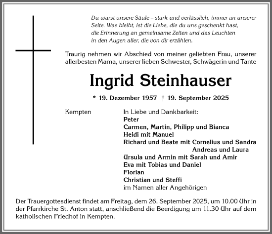 Traueranzeige von Ingrid Steinhauser von Allgäuer Zeitung,Kempten