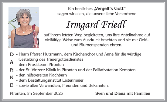Traueranzeige von Irmgard Friedl von Allgäuer Zeitung, Füssen