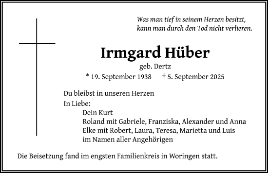 Traueranzeige von Irmgard Hüber von Memminger Zeitung