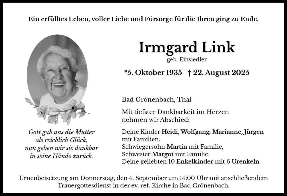  Traueranzeige für Irmgard Link vom 02.09.2025 aus Memminger Zeitung