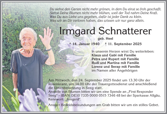 Traueranzeige von Irmgard Schnatterer von Allgäuer Zeitung, Füssen