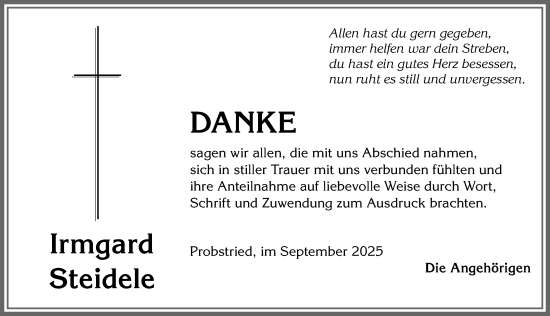 Traueranzeige von Irmgard Steidele von Allgäuer Zeitung,Kempten