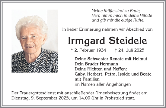 Traueranzeige von Irmgard Steidele von Allgäuer Zeitung,Kempten