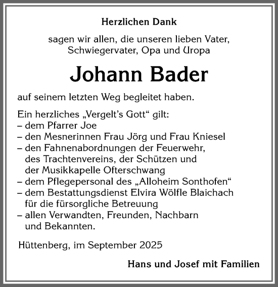 Traueranzeige von Johann Bader von Allgäuer Anzeigeblatt