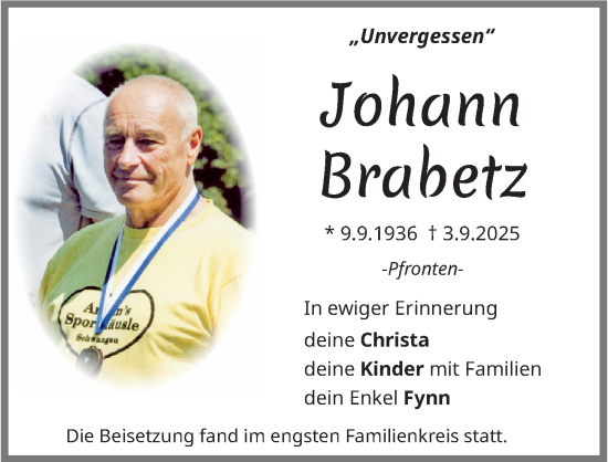 Traueranzeige von Johann Brabetz von Allgäuer Zeitung, Füssen