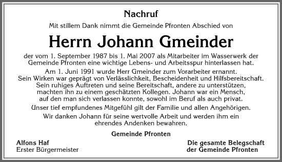 Traueranzeige von Johann Gmeinder von Allgäuer Zeitung, Füssen
