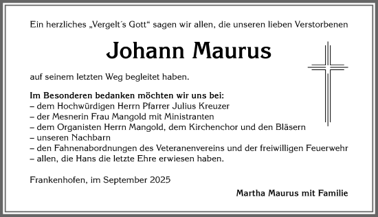 Traueranzeige von Johann Maurus von Allgäuer Zeitung, Kaufbeuren/Buchloe