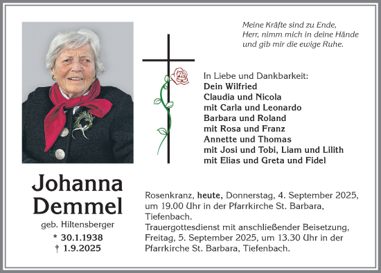 Traueranzeige von Johanna Demmel von Allgäuer Anzeigeblatt